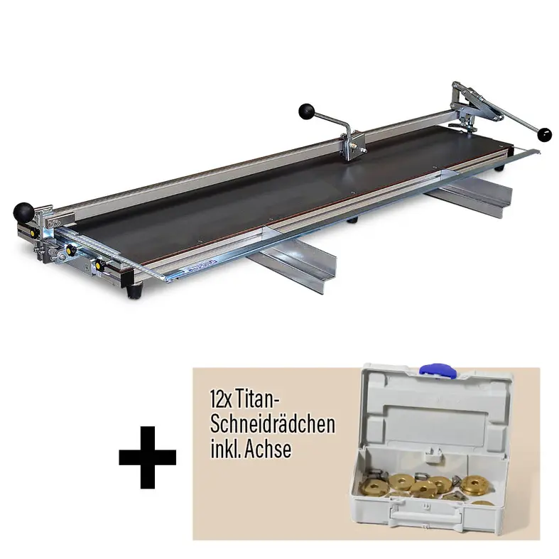 Highline Titan tile cutter set, 128 cm with double stop, item number 15500 from Karl Dahm, including 12 replacement titanium cutting wheels