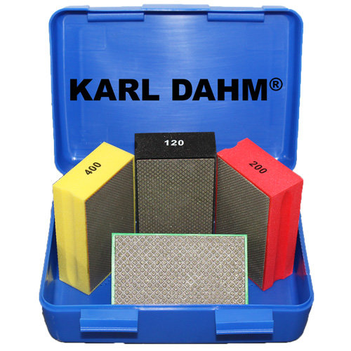 Diamant-Schleifpad Set mittelgroß, Körnung 60 - 400. Diamant-Schleifpad grün, schwarz, rot und gelb. Jetzt kaufen bei KARL DAHM