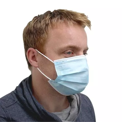 Masque de protection jetable 50 pièces en bleu, masque en tissu avec sangles, fixation aux oreilles. Masque de protection contre la transmission de virus et de bactéries, contre la poussière, etc. Acheter maintenant chez KARL DAHM
