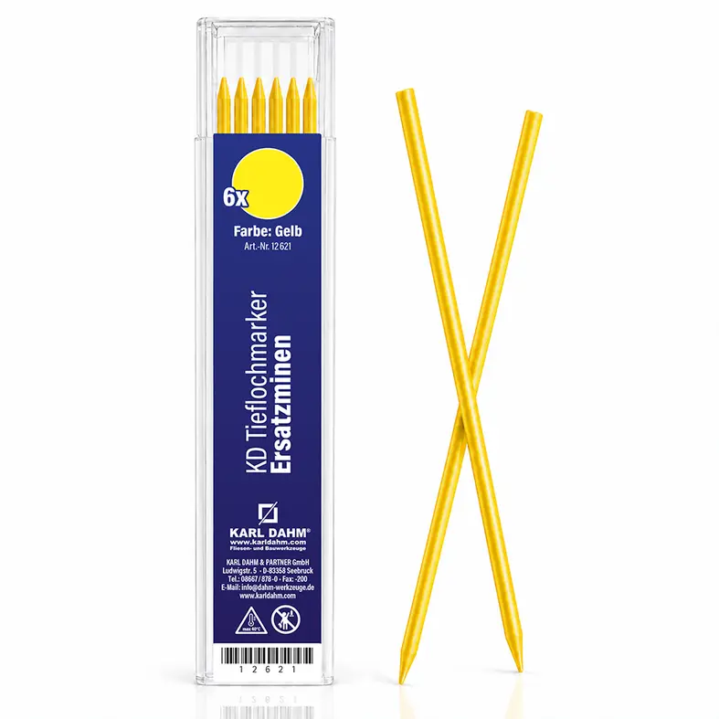 Ersatzminen für Tieflochmarker, gelb, 6 Stück, Art.-Nr. 12621, für temporäre Markierungen auf glatten Oberflächen.