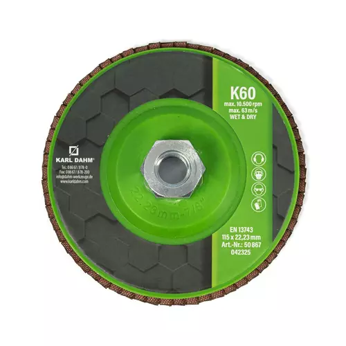 60 grit flap disc with M14 holder for the angle grinder at Karl Dahm, art. no. 50867