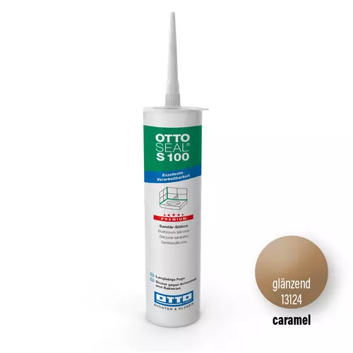 Cartridge of OTTOSEAL® S 100 silicone caramel glossy (C09) – high-quality elastic sanitary sealant.