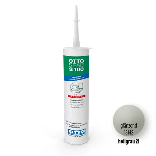 OTTOSEAL® S 100 Silicone, gris clair 21 (C501), mastic d'étanchéité élastique haut de gamme pour sanitaires.