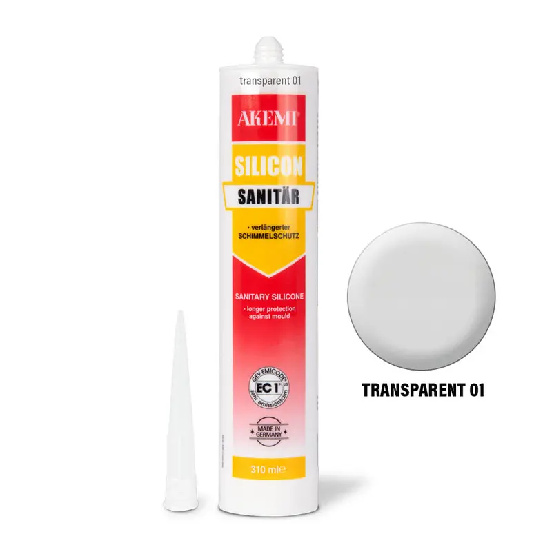 Akemi Sanitary Silicone transparent 01 in a 310 ml cartridge, Art. No. 16255