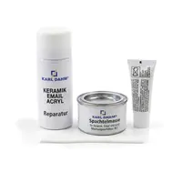 Reparaturset Keramik mit Spachtelmasse, Spachtel, Sandpapier, Reparaturspray und alles in weiß alpin
