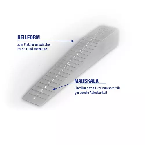 Image supplémentaire ale de mesure pour chape, de forme triangulaire, à placer entre la chape et la règle de mesure, dotée d'une échelle graduée de 1 à 20 mm pour une lecture précise.