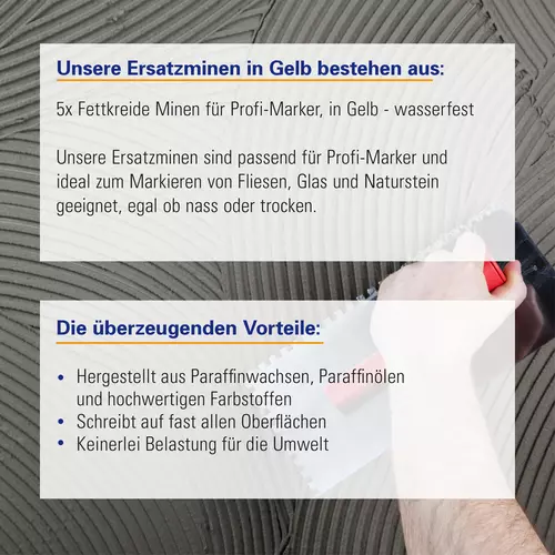 Ersatzminen f&uuml;r Profi Marker, wasserfest, zum Markieren von Fliesen, Glas und Naturstein, egal ob nass oder trocken. Hergestellt aus Paraffinwach, Paraffin&ouml;l und hochwertigen Farbstoffen. Umweltfreundlich.