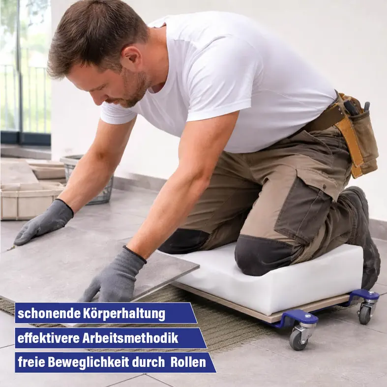 Zusatzbild Fliesenleger auf einem gepolsterten Knieroller mit Rollen bei der Verlegung von Bodenfliesen für ergonomisches Arbeiten auf Baustellen.