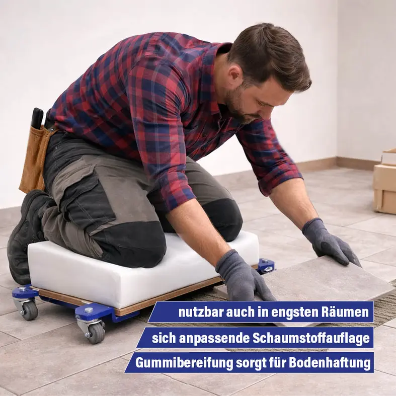 Zusatzbild Fliesenleger auf einem Knieroller mit Schaumstoffauflage und gummierten Rollen bei der Fliesenverlegung in engen Räumen.