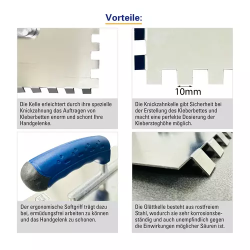 Zusatzbild Knickzahnkelle rostfrei | 10 mm hat viele Vorteile wie den ergonomischen Softgriff, die spezielle Knickzahnung oder den rostfreien Stahl.