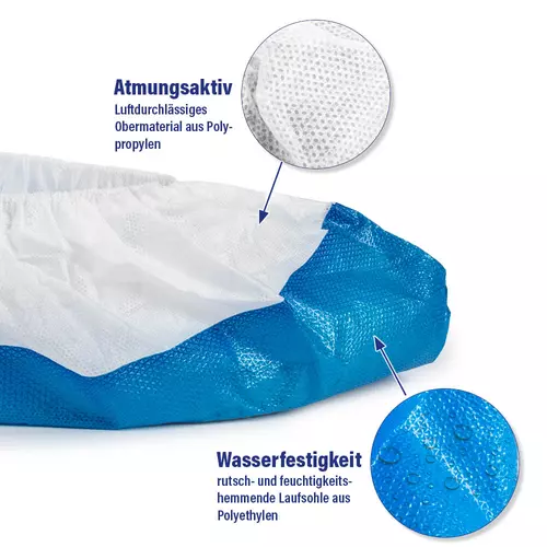 Zusatzbild Überschuhe blau, 10 Paar, hat eine atmungsaktive Oberschicht als Polypropylen und eine rutsch- und feuchtigkeitshemmende Laufsohle aus Polyethylen.