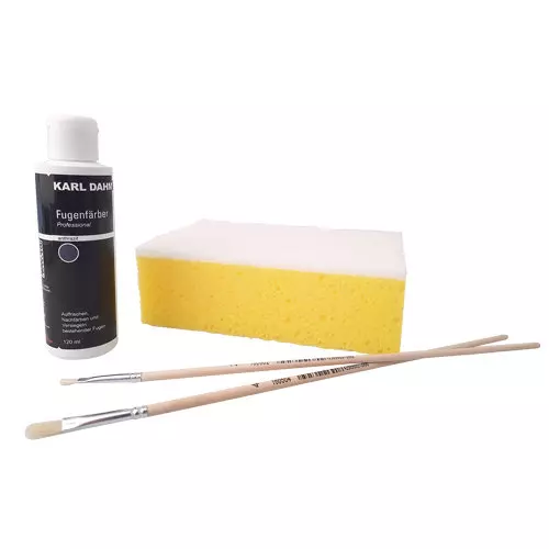 Joint stain 120 ml in set white, including colourant, 2 bristle brushes (4 mm and 6 mm) and 1 special cleaning sponge.
