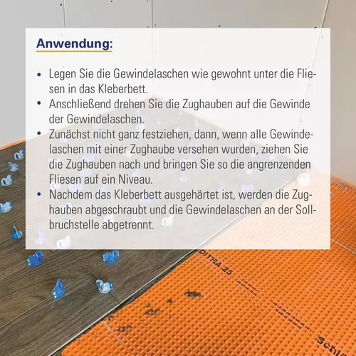 Klapp-Zughauben Basis-Set f&uuml;r Fliesen-Nivelliersystem: Die Gewindelaschen werden unter die Fliesen ins Kleberbett gelegt, mit den Zughauben verschraubt, nach dem Ausrichten nachgezogen und nach dem Aush&auml;rten an der Sollbruchstelle entfernt.