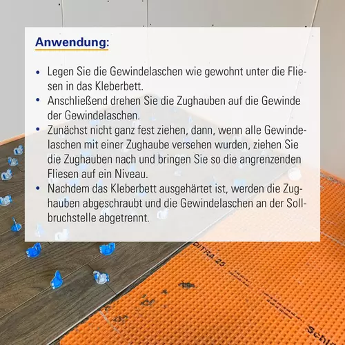 Image supplémentaire Capuchons à clipser Levelmac®: les pattes filetées sont placées sous les carreaux dans le lit de colle, les capuchons de traction sont vissés, resserrés après l'alignement, puis retirés proprem