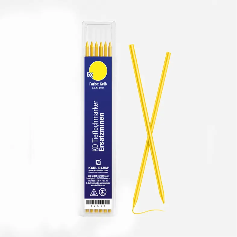 Zusatzbild Ersatzminen für Tieflochmarker, gelb, 6 Stück, ist ideal geeignet für Markierungen auf mitteldunklen und dunklen Materialoberflächen.