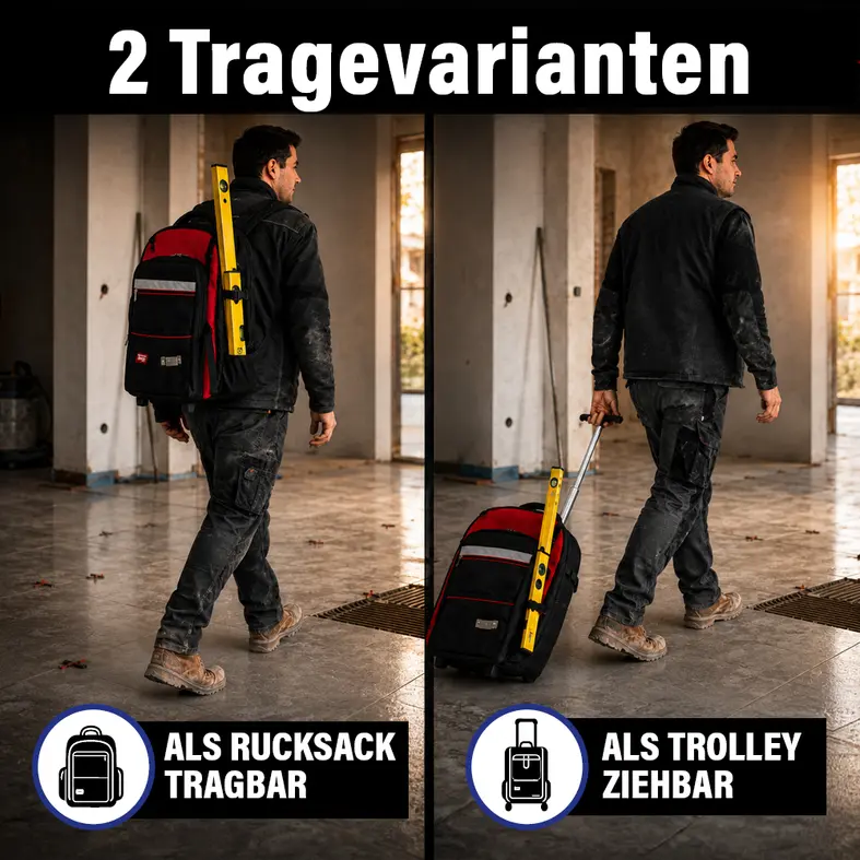 Zusatzbild Werkzeugausrüstung "Basic" | Rucksack und Trolley | 2 in 1 kann entweder als Rucksack oder Trolley verwendet werden.