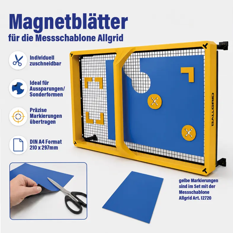 Zusatzbild Magnetblätter zu Messschablone Allgrid ist individuell zuschneidbar, ideal für Aussparungen/Sonderformen und kann präzise Markierungen übertragen.