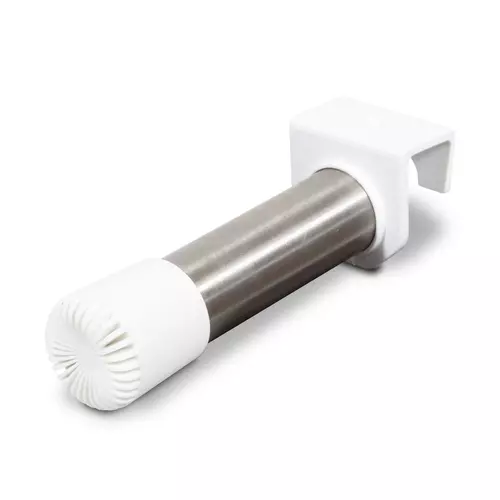 Butoir de porte 85 mm, blanche avec finition en aluminium, dot&eacute;e d'un tampon en plastique souple qui prot&egrave;ge les surfaces.