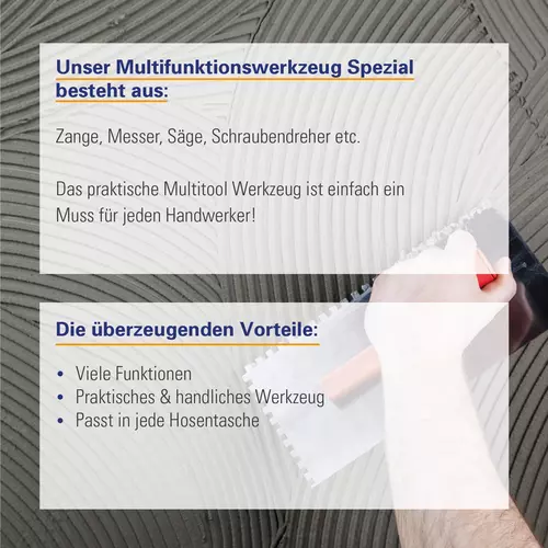 Multitool Spezialwerkzeug mit vielen Funktionen wie Messer, Schraubendreher und mehr und praktischen Hosentaschenformat.