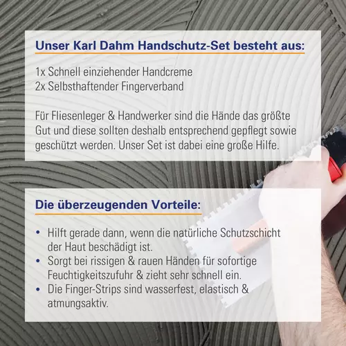 Zusatzbild Hautschutz-Set, Handcreme und Fingerverband, ist ein Handpflege Set für Handwerker und Fliesenleger.