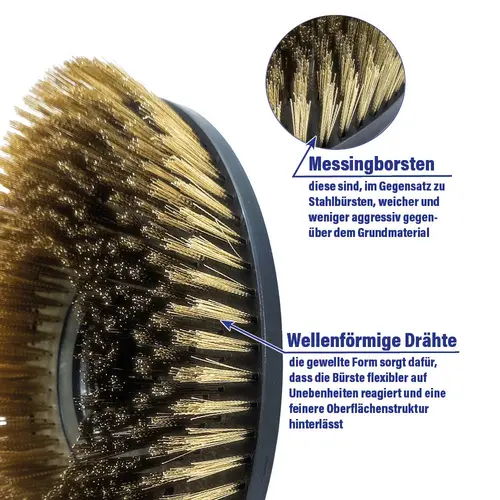 Zusatzbild Stahlbuerste zur Ausfugmaschine KD6 / KD5 mit Messingborsten für schonendere Anwendung und wellenfoermigen Draehte für einere Oberflaechenstruktur.