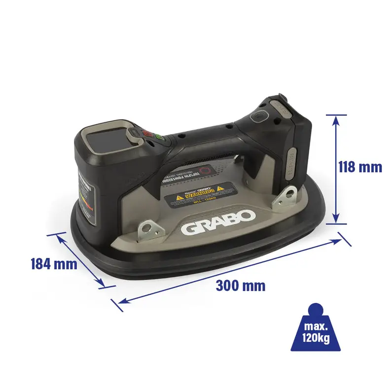 Additional image GRABO cordless vacuum lifter with dimensions of 300 x 184 x 118 mm and a maximum lifting capacity of 120 kg