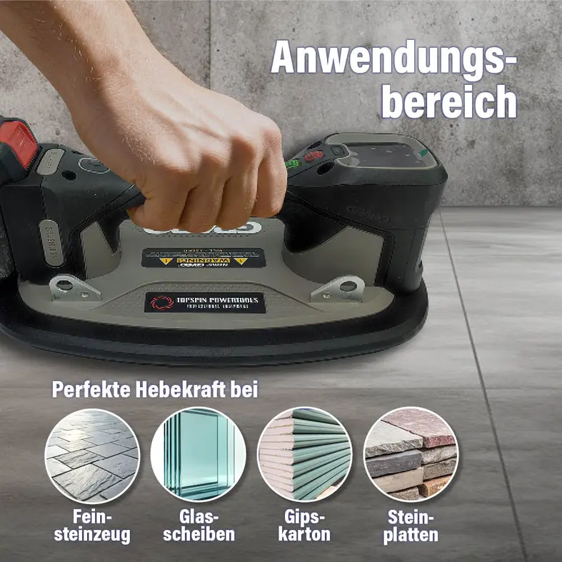 Additional image GRABO cordless vacuum lifter in use on a tiled floor, with details of its applications for porcelain stoneware, glass panes, plasterboard and stone slabs