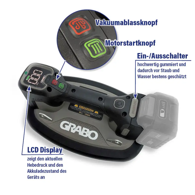 Additional image GRABO cordless vacuum lifter with labelled controls, including an LCD display, vacuum release button, motor start button and rubberised on/off switch