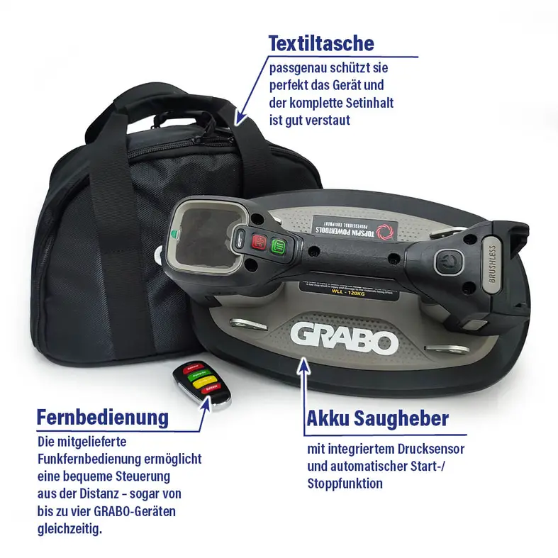 Additional image The GRABO cordless vacuum lifter comes with a fabric bag, remote control and a cordless vacuum lifter with an integrated pressure sensor