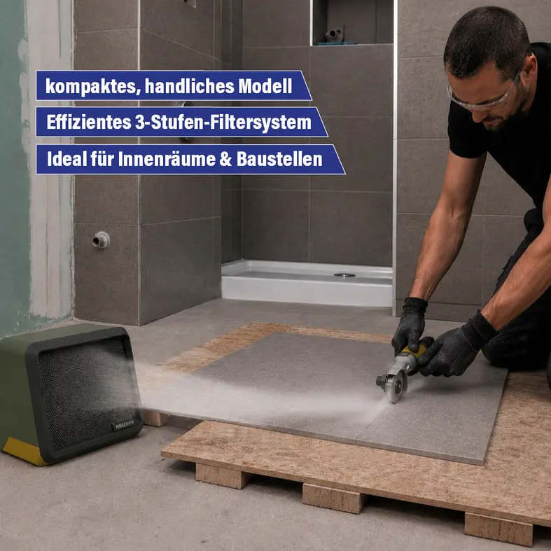 Zusatzbild Proxxon Absauganlage im Einsatz auf einer Baustelle beim Fliesenschneiden mit Hinweisen auf kompaktes Design und effizientes 3-Stufen-Filtersystem