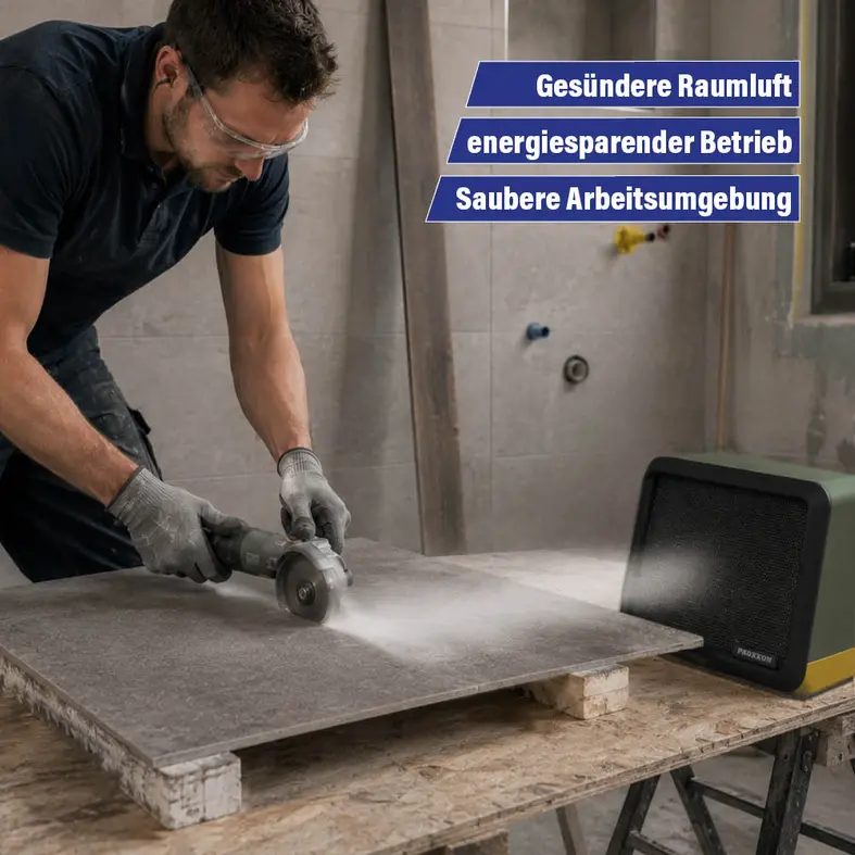 Zusatzbild Proxxon Absauganlage beim Trennen von Fliesen in Innenräumen zur Verbesserung der Raumluft und Reduzierung von Staub am Arbeitsplatz