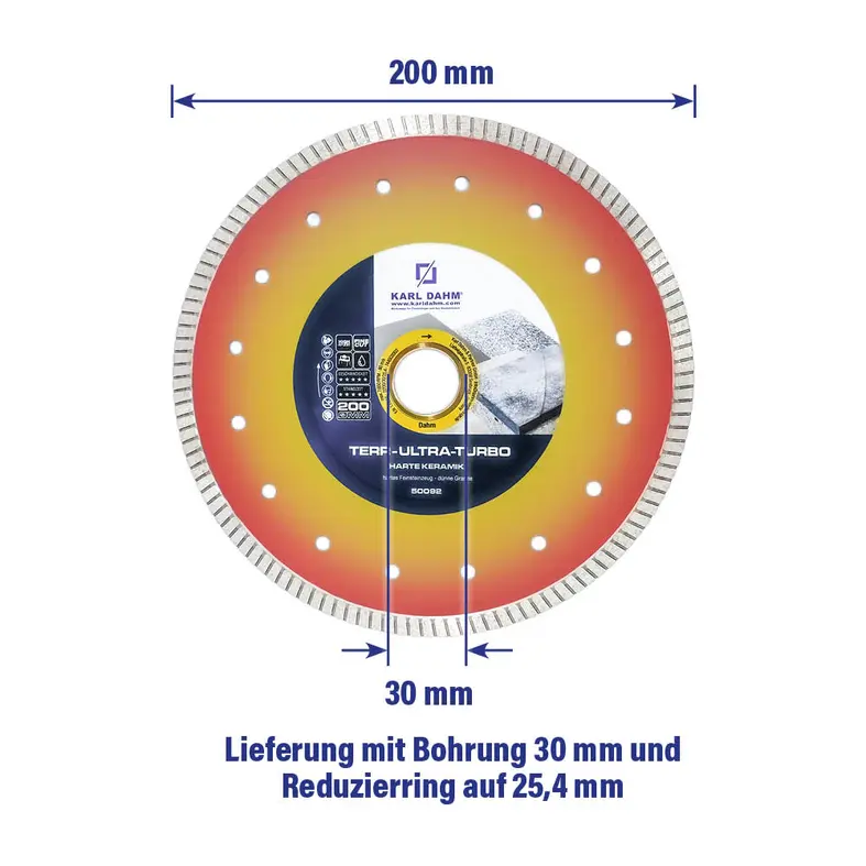Diamond cutting disc with a diameter of 200 mm and a 30 mm bore