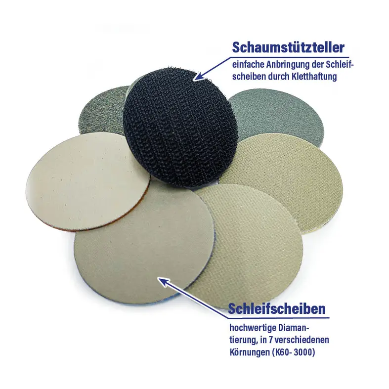 Zusatzbild Diamantierte Schleifscheiben im Set mit Schaumstützteller
