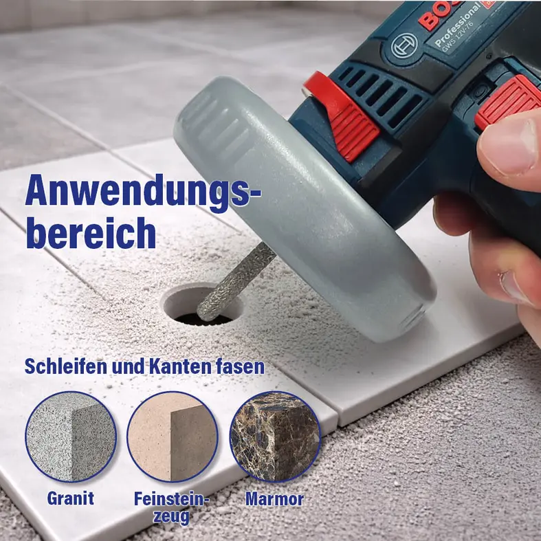 Zusatzbild Diamant-Fingerfräser im Einsatz beim Schleifen und Kantenfasen von Feinsteinzeug, Granit und Marmor mit Akku-Winkelschleifer