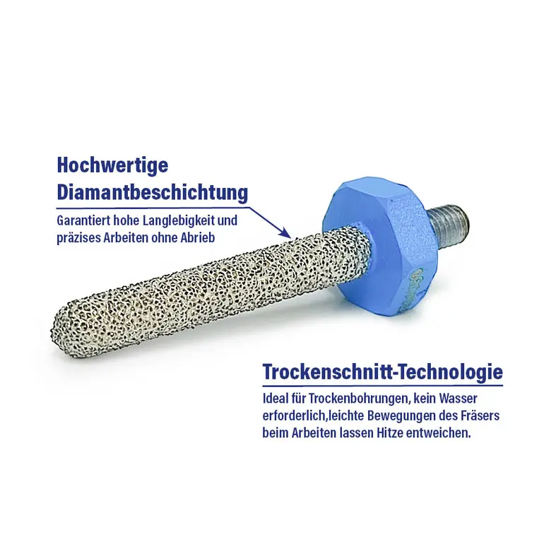 Zusatzbild Diamant-Fingerfräser mit Hinweisen auf hochwertige Diamantbeschichtung und Trockenschnitt-Technologie für präzise Trockenbohrungen ohne Wasser