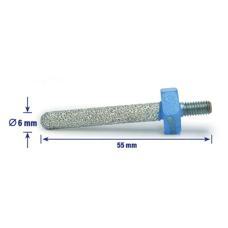 Zusatzbild Diamant-Fingerfräser mit eingezeichneten Abmessungen von 55 mm Länge und 6 mm Durchmesser