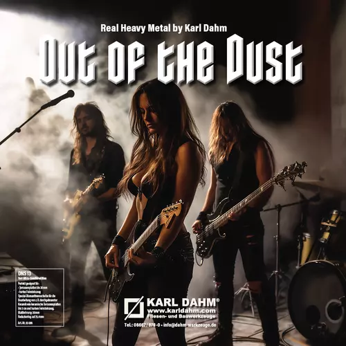 Zusatzbild Diamanttrennscheibe 'OUT OF THE DUST' Ø 300 mm mit Schallplattenhülle und Frontcover im Vinyl Design mit Karl Dahm Branding und Diamanttrennscheiben Motiv.