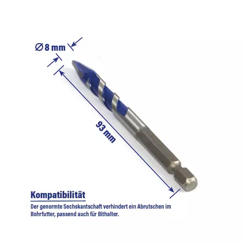 Hartmetallbohrer &Oslash; 8 mm mit Sechskantschaft f&uuml;r sicheren Halt im Bohrfutter