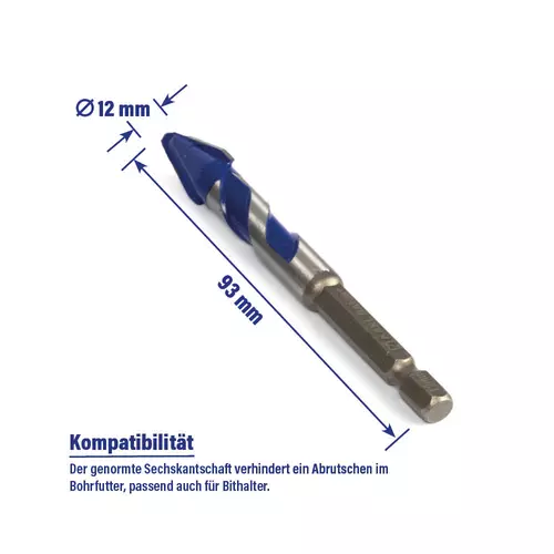 Hartmetallbohrer &Oslash; 12 mm mit Sechskantschaft f&uuml;r sicheren Halt im Bohrfutter