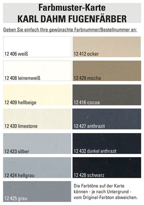 Gratis Farbmusterkarte KARL DAHM Fugenfärber in 13 Farben erhältlich