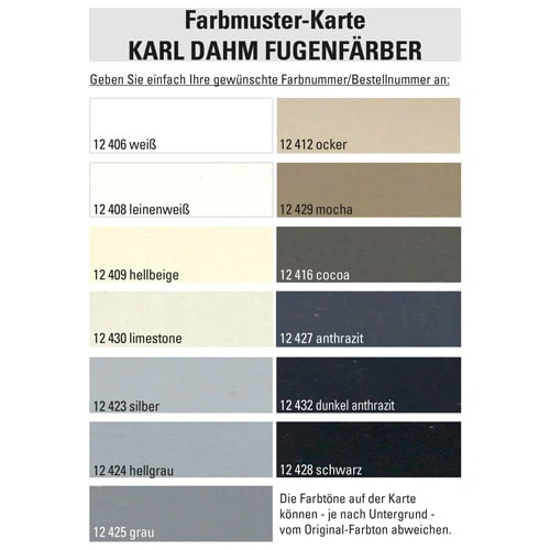 Kostenlose eine Fugenfärberkarte von der Firma Karl Dahm anfordern 